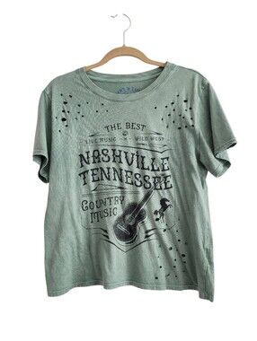 Nashville Tennessee Size Medium Heather Green Distressed Graphic Shirt Cotton